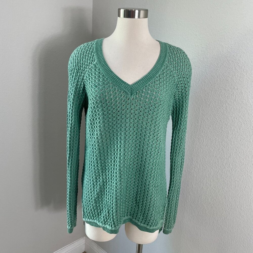 BCBGMAXAZRIA Large Dusty Jade Green KENT V Neck Sweater‎ Open Knit Pullover